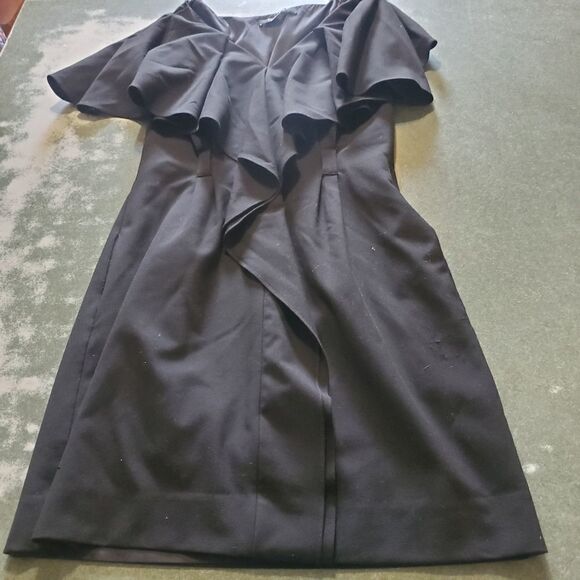 Black Halo  Black Ruffled Overlay Crepe V Neck Mini Sheath Dress Career sz 6 - Picture 3 of 6